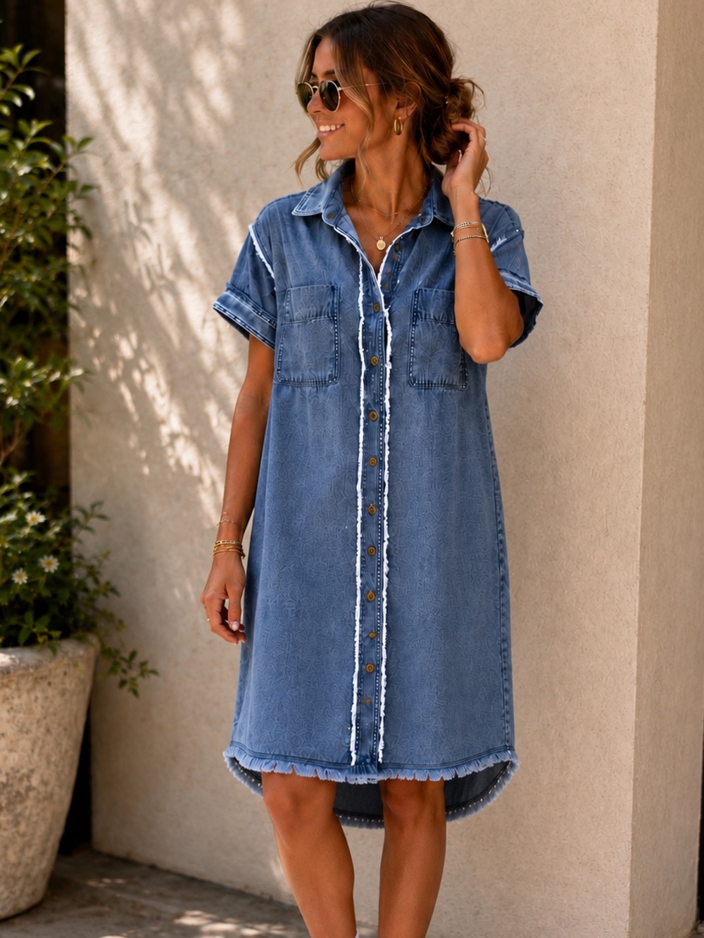 Casual Button-Front Denim Shirt Dress in Medium Blue